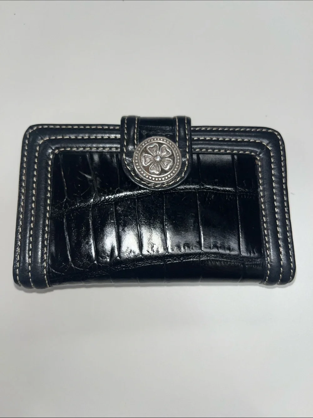 Brighton Black Leather Croc Stamped Print Wallet with Decorative Snap